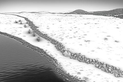 Grafische Rekonstruktion des Steinwalls als Treibjagdstruktur in einer spätglazialen/frühholozänen Landschaft