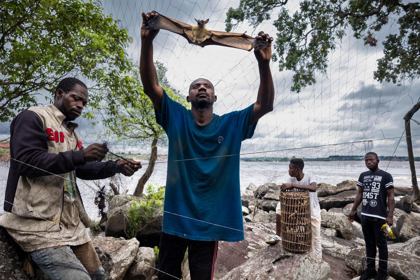 Jägern sammeln Fledermäuse auf einer Insel ein paar Stunden von Kongos Hauptstadt Brazzaville entfernt