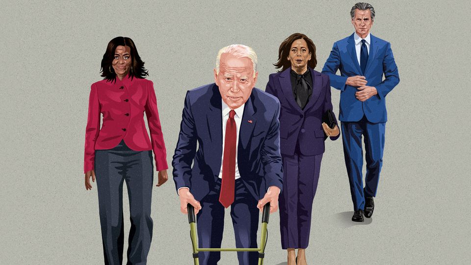 Illustration zeigt Joe Biden mit einem Rollator und Michelle Obama Kamala Harris und Gavin Newsom als alternative Kandidaten