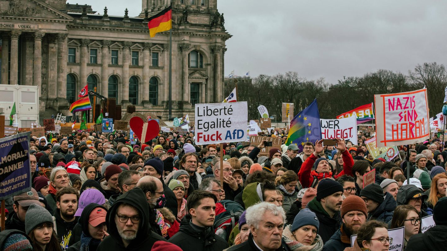 Menschen demonstrieren Anfang 2024 in Berlin gegen Pläne der "Remigration" 