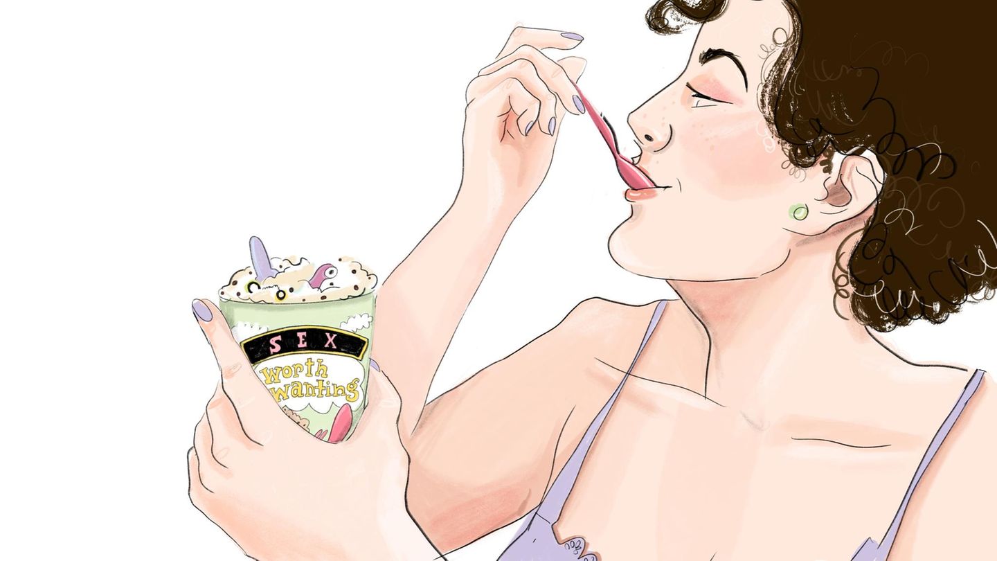 Illustration zeigt eine  Frau die genießerisch einen Löffel eis isst auf dem Eisbecher steht Sex worth wanting