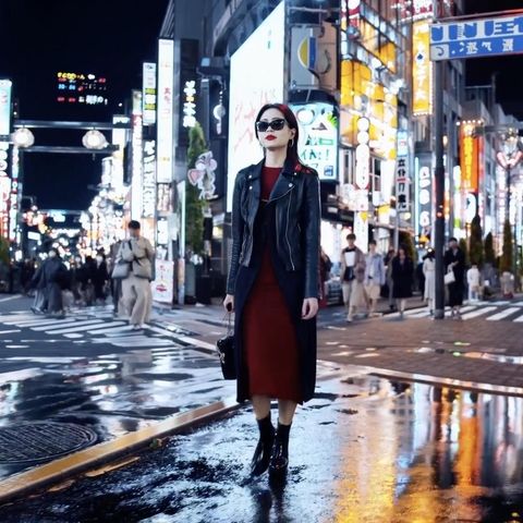 Eine Frau in einem roten Kleid läuft eine Straße in Tokyo entlang.