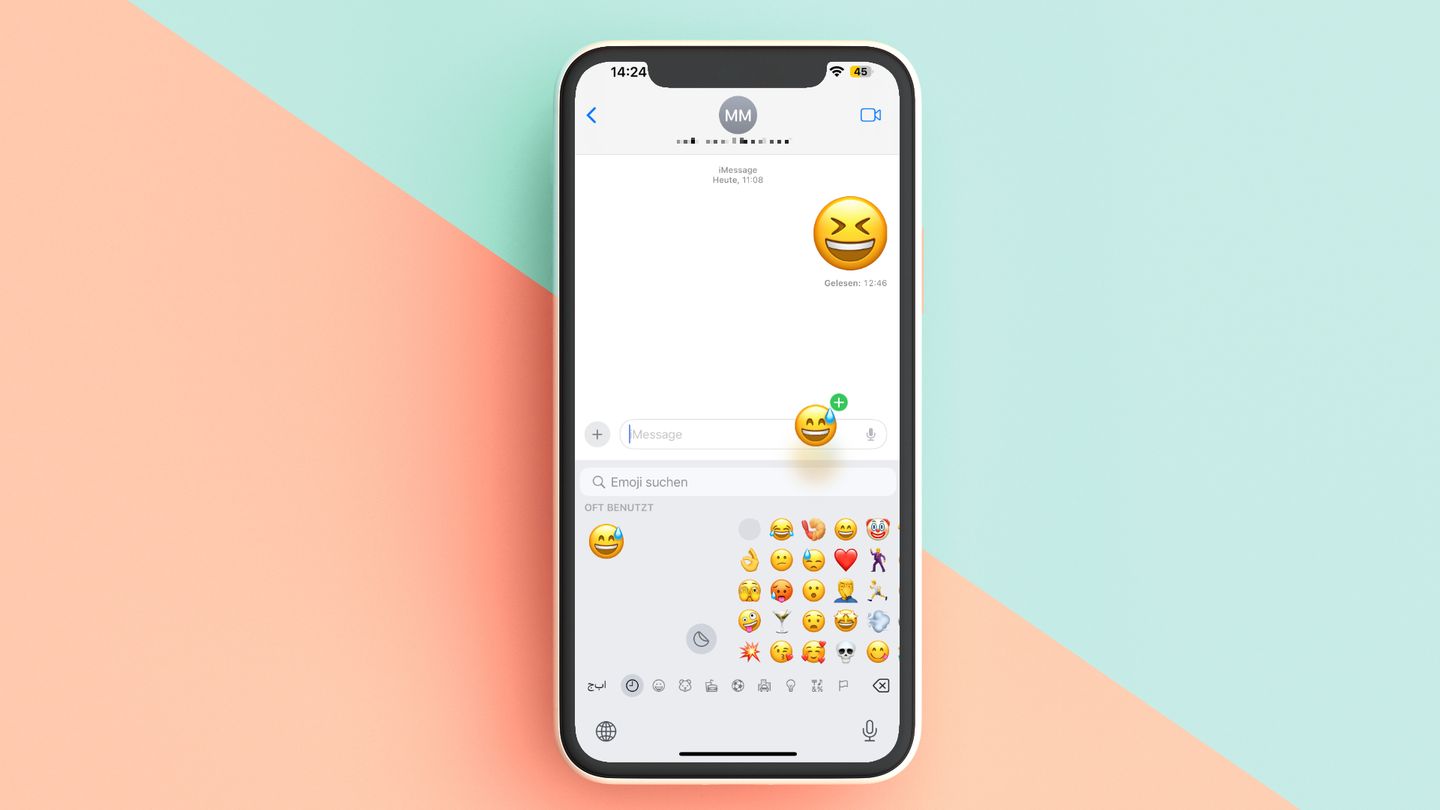 Grooooße Gefühle  Emojis gehören zum Chat einfach dazu. Will man sie mal größer verschicken, geht das ganz einfach. Am leichtesten ist das in Apple-Apps wie iMessage: Statt das Emoji anzutippen, halten Sie es kurz gedrückt, bis es sich bewegen lässt. Ziehen Sie es nun in das leere Eingabefeld und senden Sie. Es erscheint nun gerade zu riesig.   In Whatapp ist es leider nicht ganz so bequem: Hier finden Sie die Riesen-Emoji, indem Sie die Sticker-Funktion links von der Emoji-Ansicht benutzen.      