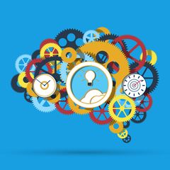 Symbolfoto für ein Allgemeinwissens-Quiz: Illustration eines Gehirnes, das aus verschiedenfarbigen Zahnrädern besteht
