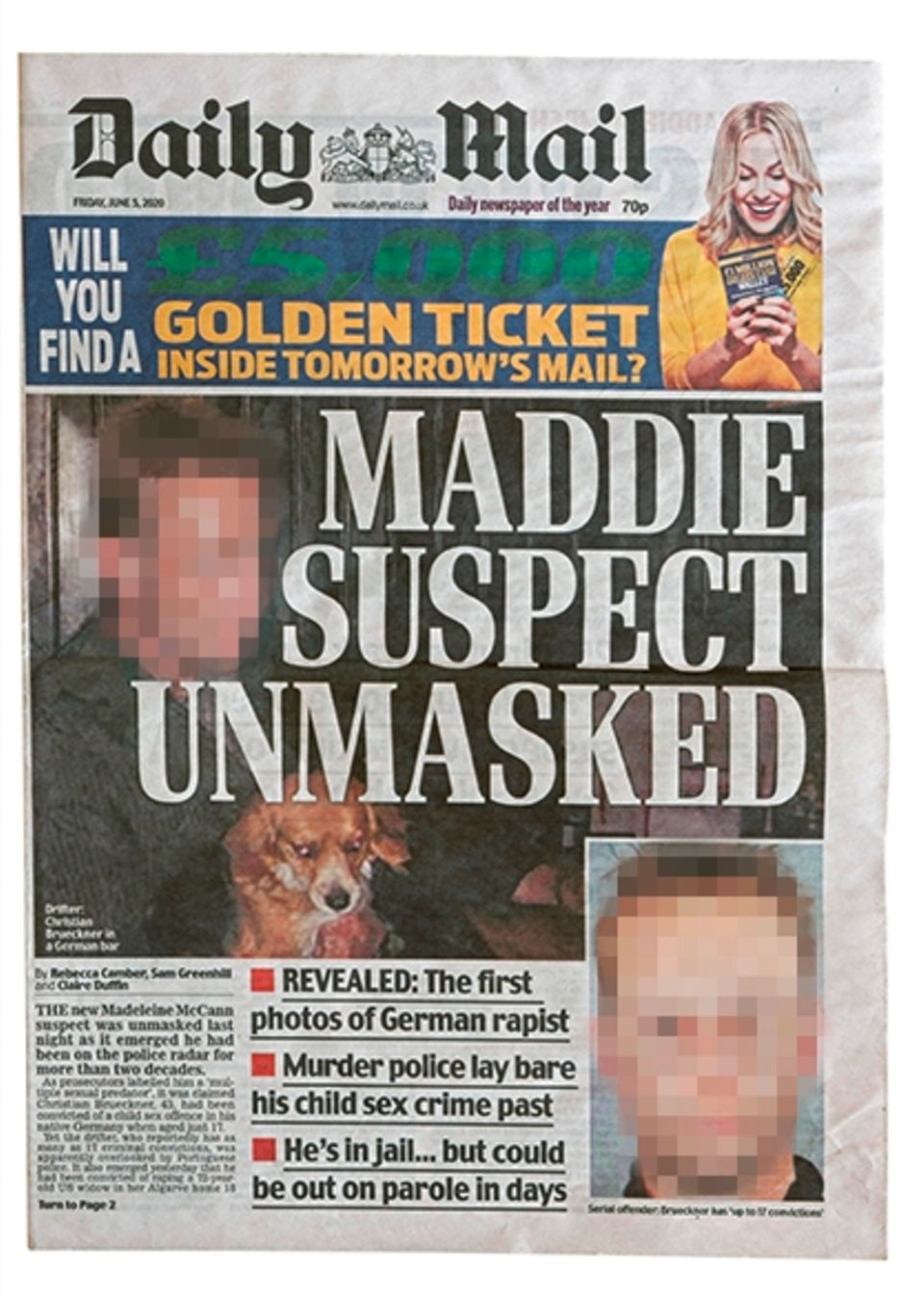 Fall Maddie: Christian B. auf dem Cover der Daily Mail Fall Maddie: Christian B. auf dem Cover der Daily Mail