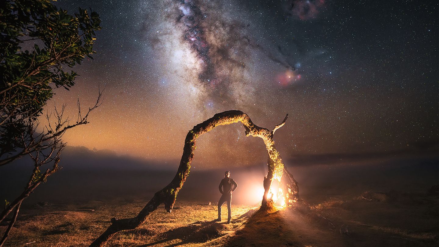 Ein Mann steht neben einem brennenden Baum unter dem Sternenhimmel in Madeira