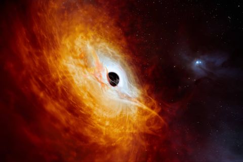 Astronomie: Illustration des Quasars J059-4351 mit schwarzem Loch, umgeben von einer strahlenden Scheibe aus Materie