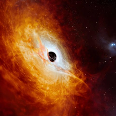 Astronomie: Illustration des Quasars J059-4351 mit schwarzem Loch, umgeben von einer strahlenden Scheibe aus Materie