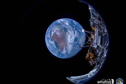 Kurz vor der Mondlandung: Bild der Sonde IM-1/Nova-C (Spitzname Odysseus") mit Erde im Hintergrund