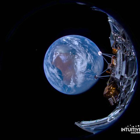 Kurz vor der Mondlandung: Bild der Sonde IM-1/Nova-C (Spitzname Odysseus") mit Erde im Hintergrund