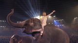 Uschi Glas sitzt auf einem Elefanten