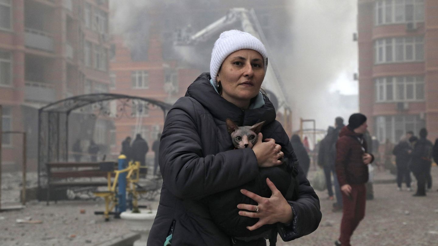 Dezember 2023: Russland greift Ukraine mit iranischen Drohnen an Eine Frau rettet eine Katze bei einem Drohnenangriff in Odessa