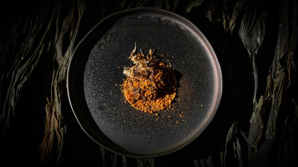 Restaurant Oukan: Kombujime Eringi, Kräuterseitlinge mit einem Habanero-Koji-Crumble Kombujime Eringi, Kräuterseitlinge mit einem Habanero-Koji-Crumble