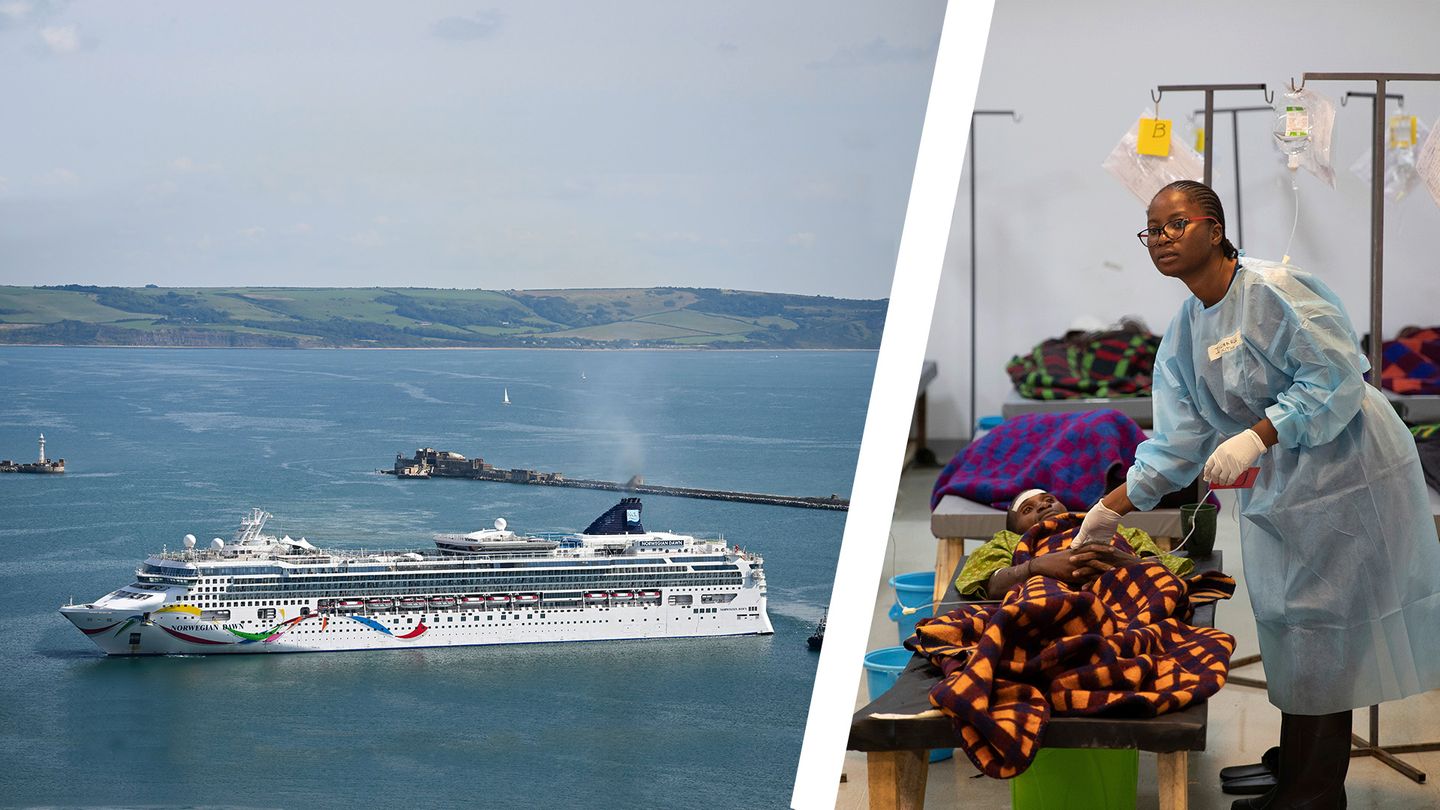 Kreuzfahrtschiff des Anbieters, der wegen Choleraverdacht nicht anlegen durfte und Bild einer Erkrankten in Afrika
