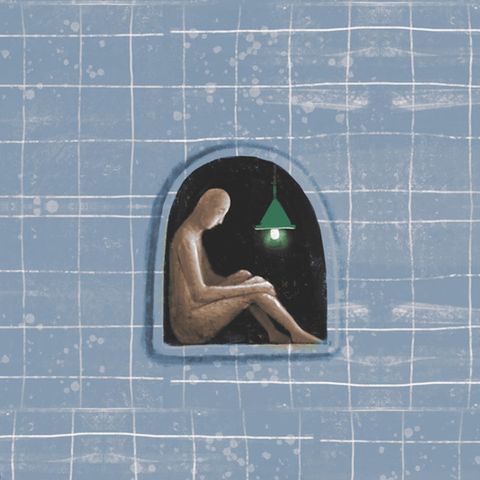 Illustration von Menschen, die traurig und allein in kleinen Kammern sitzen, in denen nur eine Lampe leuchtet