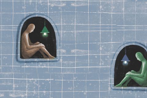 Illustration von Menschen, die traurig und allein in kleinen Kammern sitzen, in denen nur eine Lampe leuchtet
