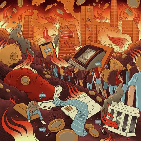 Illustration, die die Kundenhölle Bank veranschaulicht