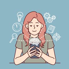 Illustration einer rothaarigen Person, die ein Handy in der Hand hält, um sie herum schweben Symbole für Intelligenz