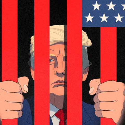 Illustration von Donald Trump hinter roten Gittern der amerikanischen Flagge