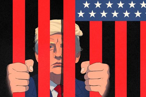 Illustration von Donald Trump hinter roten Gittern der amerikanischen Flagge