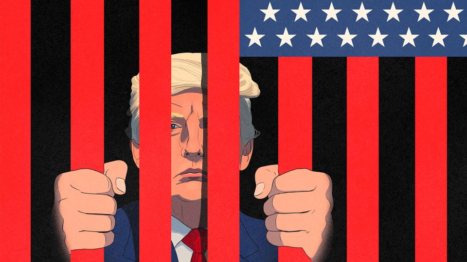 Illustration von Donald Trump hinter roten Balken der amerikanischen Flagge