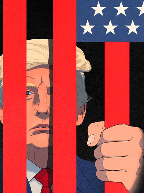 Illustration von Donald Trump hinter roten Gittern der amerikanischen Flagge