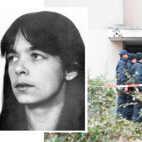 Fahndungsfoto von Daniela Klette, Polizisten vor einem Mehrfamilienhaus in Berlin
