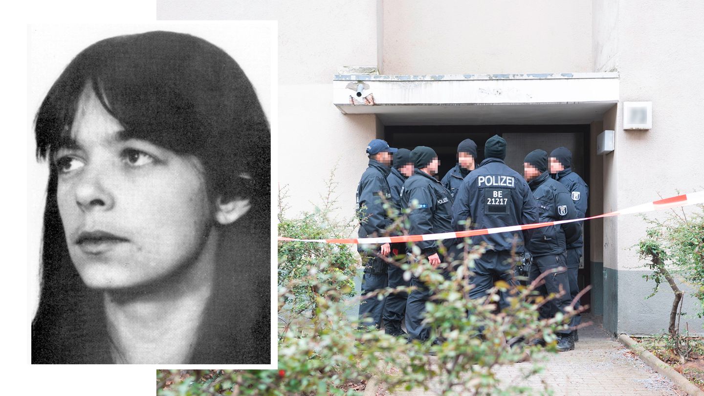 Fahndungsfoto von Daniela Klette, Polizisten vor einem Mehrfamilienhaus in Berlin