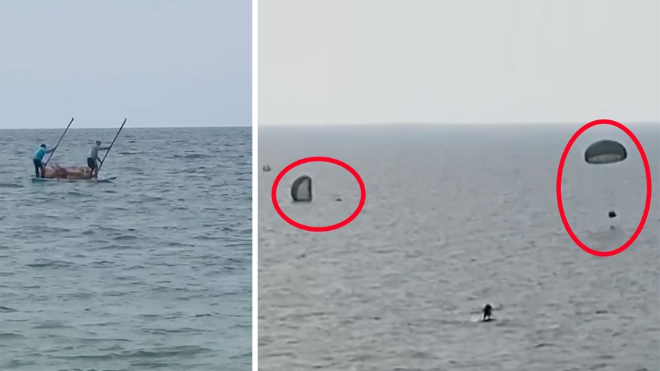 Gazastreifen: Hilfspakete zu früh abgeworfen: Menschen stürzen sich verzweifelt ins Meer