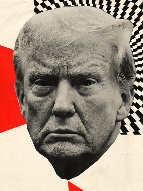 Collage zeigt wie Donald Trump das Weiße Haus zerquetscht