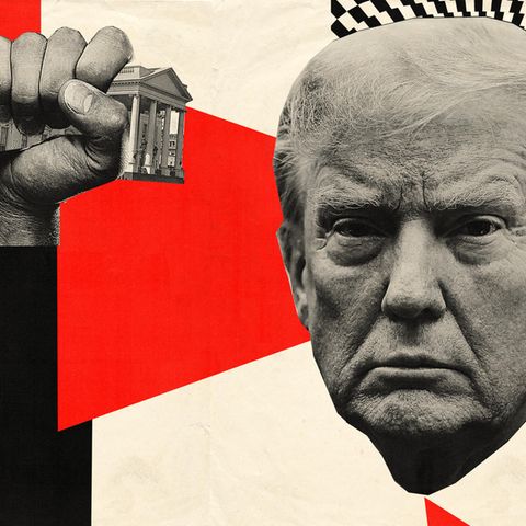 Collage zeigt wie Donald Trump das Weiße Haus zerquetscht