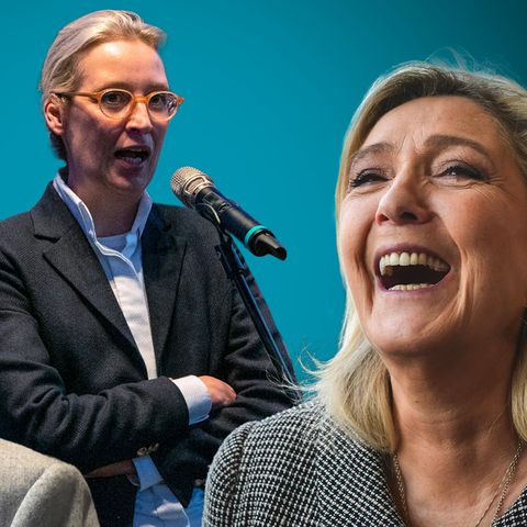 Alice Weidel steht zwischen Marine Le Pen und Giorgia Meloni