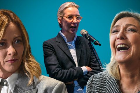 Alice Weidel steht zwischen Marine Le Pen und Giorgia Meloni