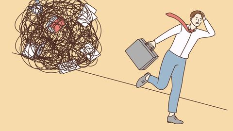 Illustration burn-out: Mann mit Aktentasche rennt vor Laptop, Wecker, Unterlagen weg