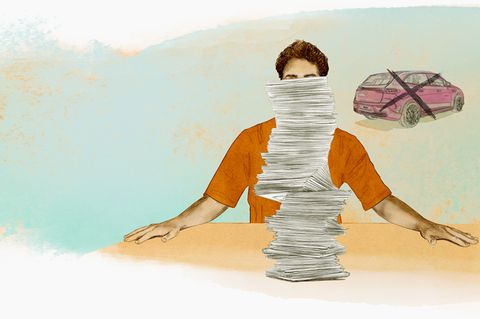 stern-Illustration: Mann sitzt vor Zettel-Haufen, dahinter ein durgestrichenes Auto