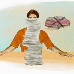 stern-Illustration: Mann sitzt vor Zettel-Haufen, dahinter ein durgestrichenes Auto
