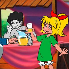 Cartoon zeigt: Bibi Blocksberg und ihr Bruder Boris verkaufen Limonade an den Bürgermeister