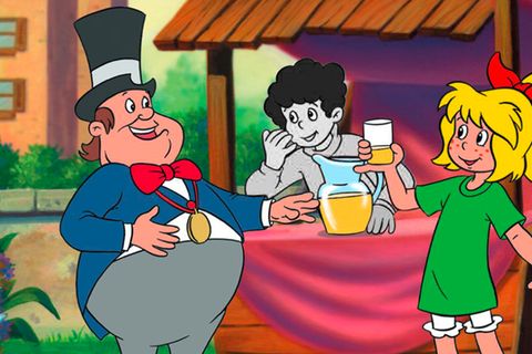 Cartoon zeigt: Bibi Blocksberg und ihr Bruder Boris verkaufen Limonade an den Bürgermeister
