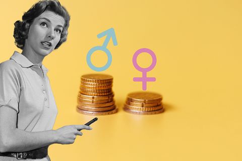 Collage zeigt eine Frau in SW die auf zwei unterschiedlich hohe Münzstapel zeigt über denen die Symbole für Frau und Mann stehen