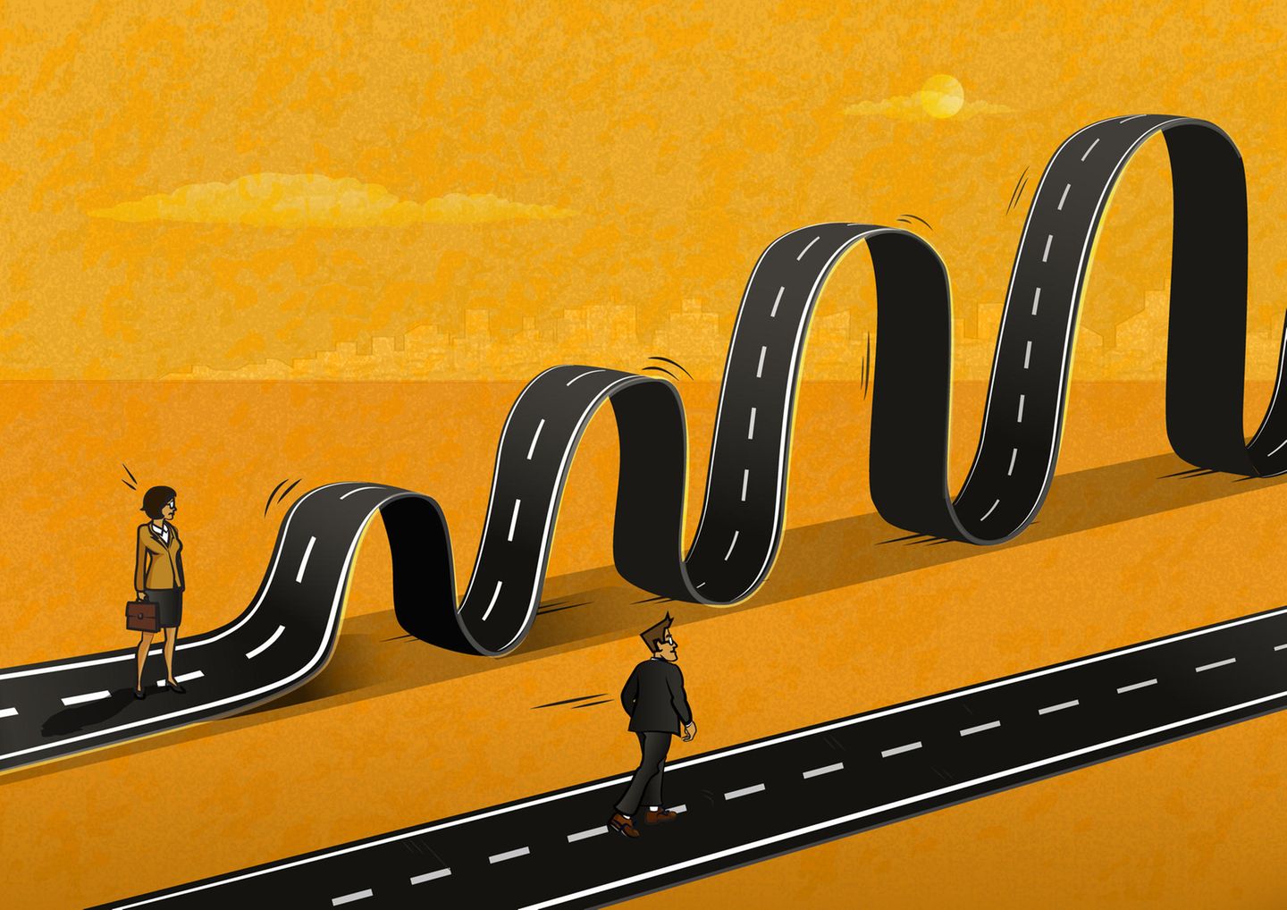 Die Illustration zeigt einen schweren Karriereweg  für eine Frau und einen einfachen für einen Mann.
