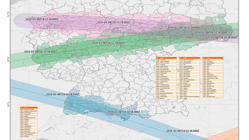 Eine Karte des Bundesamtes für Bevölkerungsschutz zeigt die Gebiete in Deutschland, in denen der Weltraumschrott bemerkbar sein könnte – wenn überhaupt