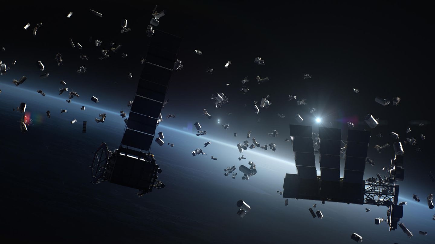 Weltraumschrott umkreist in einiger Entfernung die Erde. Weltraumschrott umkreist in einiger Entfernung die Erde.
