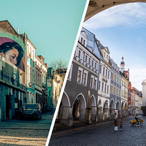 Montage zeigt rechts Görlitz und Links Mönchengladbach