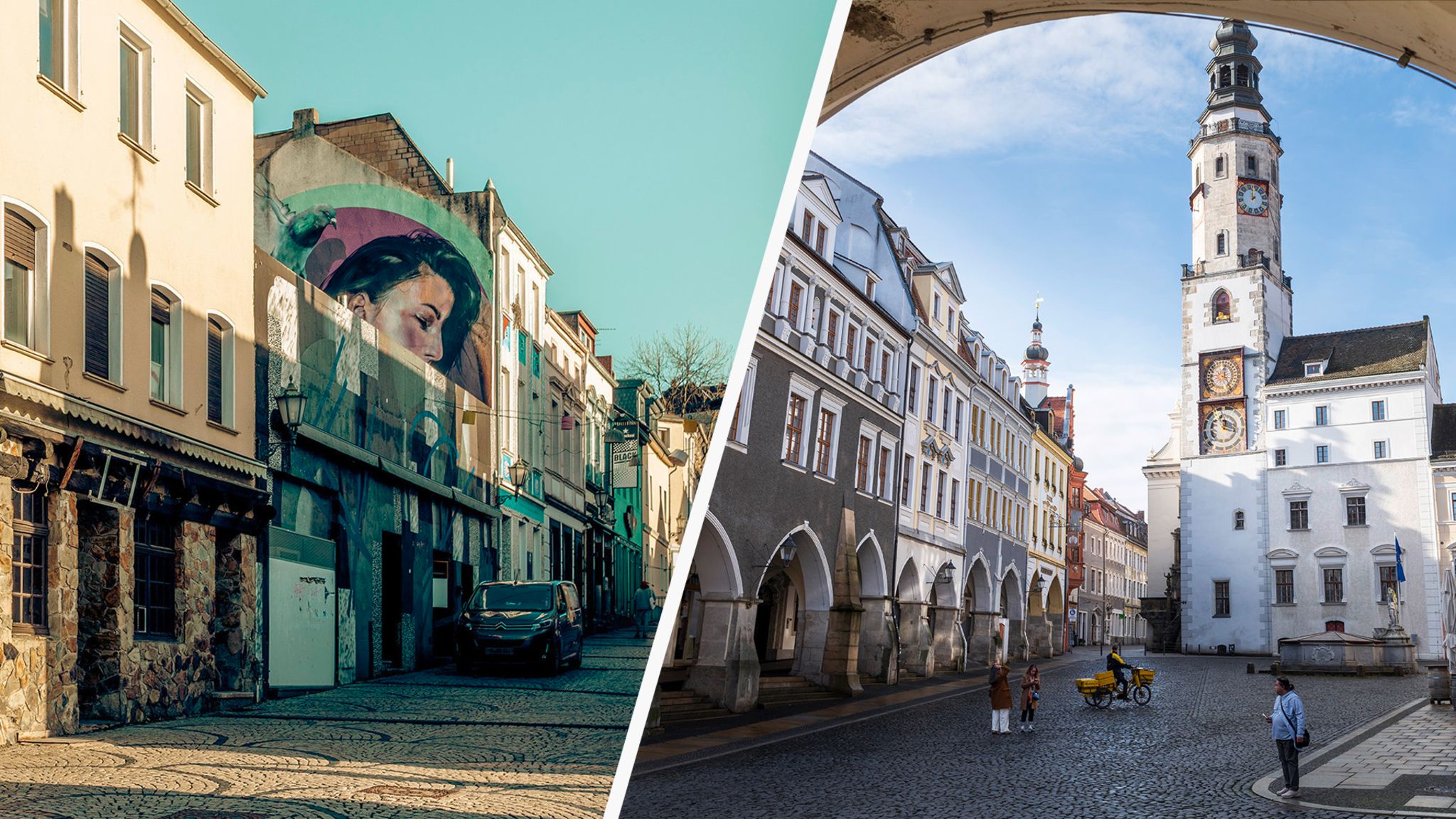 Montage zeigt rechts Görlitz und Links Mönchengladbach
