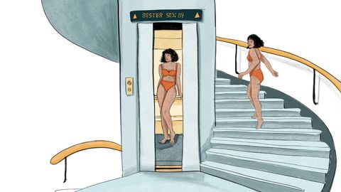 Illustration zeigt eine Frau die mit einem Fahrstuhl zum Sex fährt und eine andere die eine Treppe läuft, beide in Unterwäsche