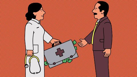 Illustration: Ein Investor überreicht einer Ärztin einen Koffer mit Geld