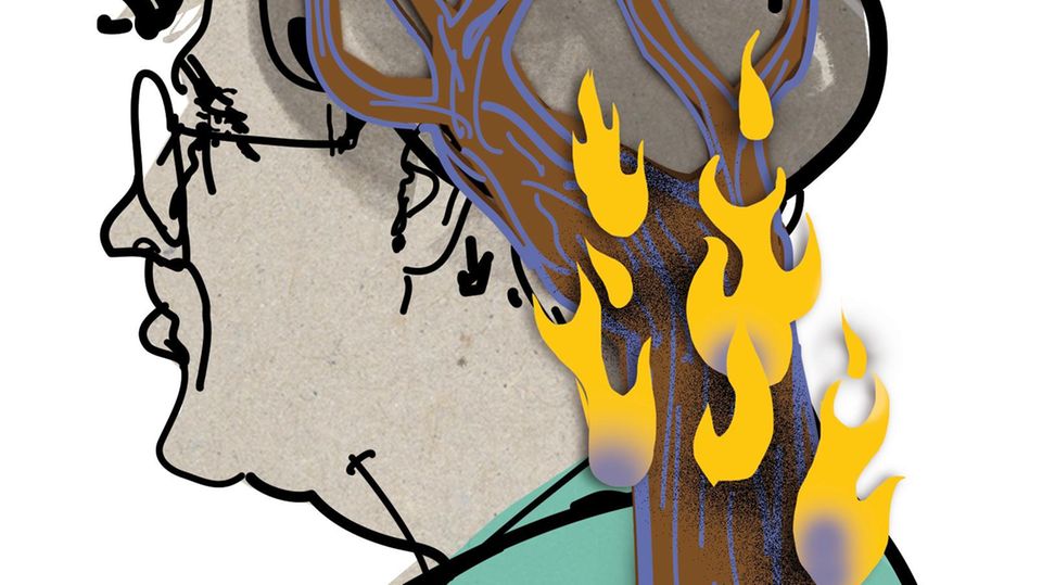 Illustration von Nackenschmerzen: Eine ältere Frau mit Flammen im Nacken