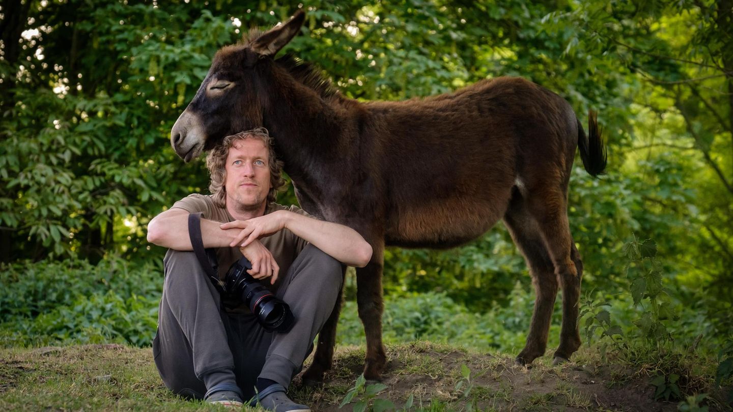 Der Fotograf Gordon Welters sitzt vor einem Esel auf dem Boden Der Fotograf Gordon Welters sitzt vor einem Esel auf dem Boden