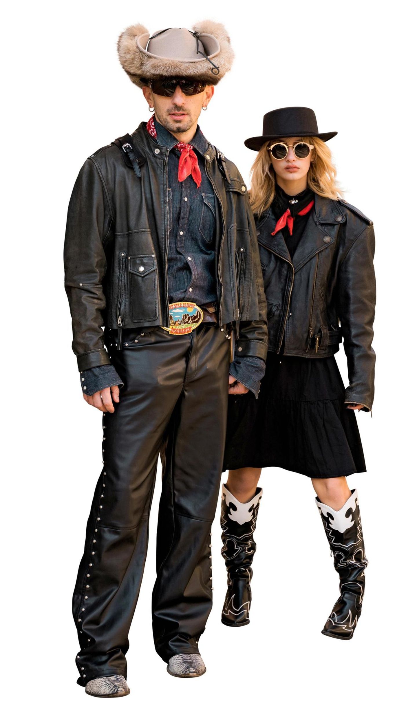 Mode in Mailand: Männliches und weibliches Model in schwarzen Cowboy-Outfits