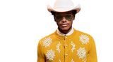 Louis Vuitton-Model mit Cowboy-Hut, Strickjacke und Jeans hat einen Rucksack in der Hand